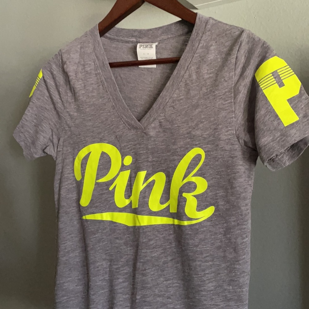 PINK Tee Shirt, v-neck, gray with yellow logo, small